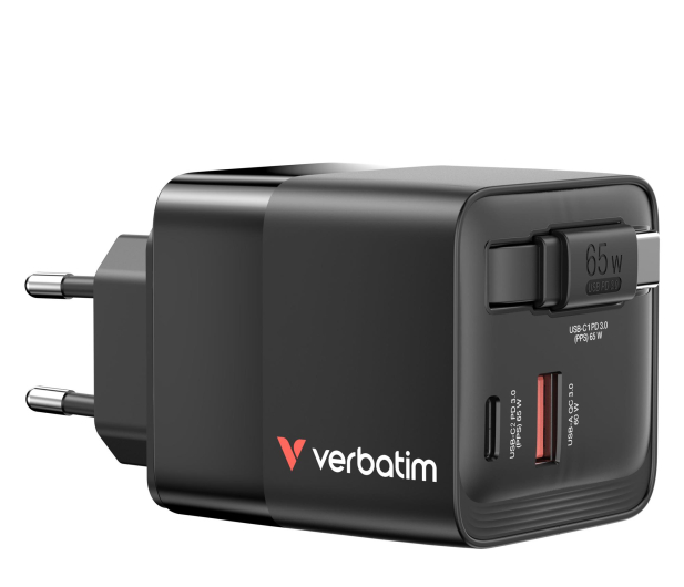 VERBATIM GaN Charger 65W 2 Port retr cable US/EU/UK 32217 - 1340215 - zdjęcie